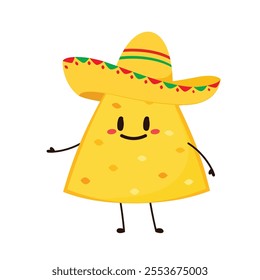 Nachos Characters with Mexican hat. Nice Mexican food. Nachos chips in sombreros and maracas hats. Vector illustration.