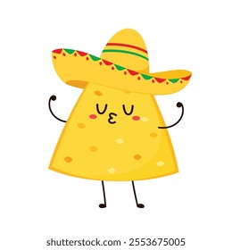 Nachos Characters with Mexican hat. Nice Mexican food. Nachos chips in sombreros and maracas hats. Vector illustration.