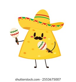 Nachos Characters with Mexican hat. Nice Mexican food. Nachos chips in sombreros and maracas hats. Vector illustration.