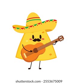 Nachos Characters with Mexican hat. Nice Mexican food. Nachos chips in sombreros and maracas hats. Vector illustration.