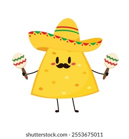 Nachos Characters with Mexican hat. Nice Mexican food. Nachos chips in sombreros and maracas hats. Vector illustration.