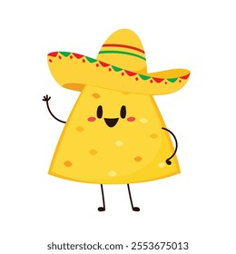 Nachos Characters with Mexican hat. Nice Mexican food. Nachos chips in sombreros and maracas hats. Vector illustration.