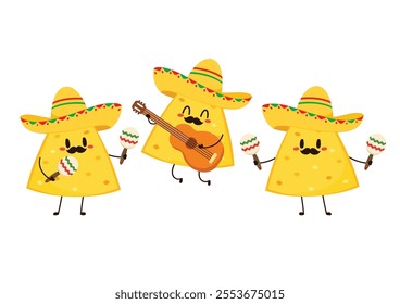 Nachos Characters with Mexican hat. Nice Mexican food. Nachos chips in sombreros and maracas hats. Vector illustration.