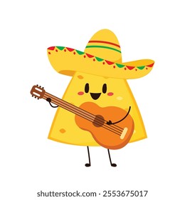 Nachos Characters with Mexican hat. Nice Mexican food. Nachos chips in sombreros and maracas hats. Vector illustration.