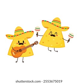 Nachos Characters with Mexican hat. Nice Mexican food. Nachos chips in sombreros and maracas hats. Vector illustration.