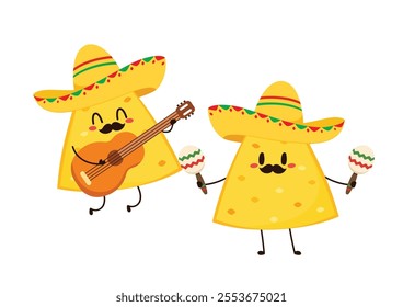 Nachos Characters with Mexican hat. Nice Mexican food. Nachos chips in sombreros and maracas hats. Vector illustration.