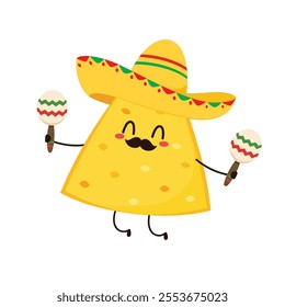 Nachos Characters with Mexican hat. Nice Mexican food. Nachos chips in sombreros and maracas hats. Vector illustration.