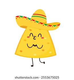 Nachos Characters with Mexican hat. Nice Mexican food. Nachos chips in sombreros and maracas hats. Vector illustration.