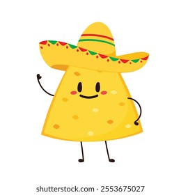 Nachos Characters with Mexican hat. Nice Mexican food. Nachos chips in sombreros and maracas hats. Vector illustration.