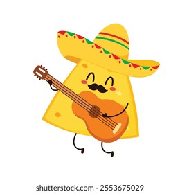 Nachos Characters with Mexican hat. Nice Mexican food. Nachos chips in sombreros and maracas hats. Vector illustration.