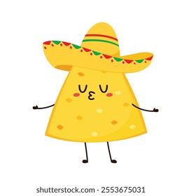 Nachos Characters with Mexican hat. Nice Mexican food. Nachos chips in sombreros and maracas hats. Vector illustration.