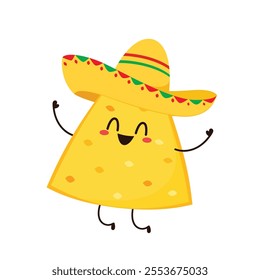 Nachos Characters with Mexican hat. Nice Mexican food. Nachos chips in sombreros and maracas hats. Vector illustration.