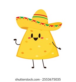 Nachos Characters with Mexican hat. Nice Mexican food. Nachos chips in sombreros and maracas hats. Vector illustration.