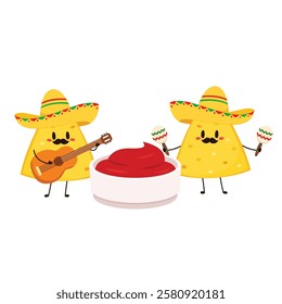 Nachos Characters with Mexican hat. Nice Mexican food. Nachos chips in sombreros and maracas hats. Vector illustration.