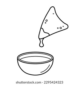 Nachos with cheese sauce. Traditional Mexican appetizer. Corn tortilla chips. Doodle sketch style. Vector illustration isolated on white background.