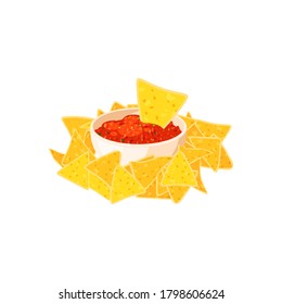 Nachos And Chili Pepper Salsa Vector Isolated Icon. Mexico Nachos Chips Fast Food Snack