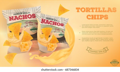 Nachos chips ads. Vector realistic illustration of tortilla chips with cheese flavor. Horizontal banner with chips package.