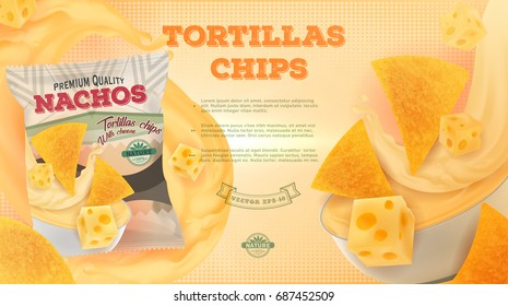 Nachos chips ads. Vector realistic illustration of tortilla chips with cheese flavor. Horizontal banner with chips package.