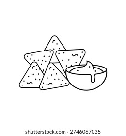 Nachos Chips with Cheese Dip Bowl Minimal Line Art Vector Illustration