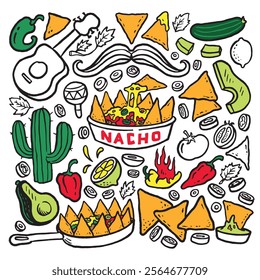 
Nachos chips doodle, mexican food vector