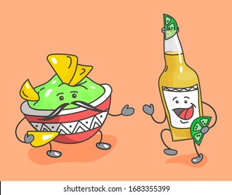 Nachos chips with guacamole in bowl - mexican traditional food. Bottle ofbeer with lime. Vector flat cartoon color illustration. For menu, web. Isolated on pink background. Hand drawn sketch comic style.