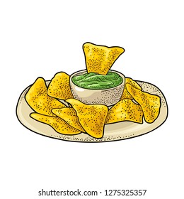 Nachos chips with guacamole in pan - mexican traditional food. Vector color vintage engraving illustration for menu, poster, web. Isolated on white background