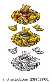 Nachos chips with ketchup and guacamole in pan - mexican traditional food. Vector color vintage engraving illustration for menu, poster, web. Isolated on white background