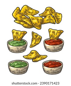 Nachos con ketchup y guacamole en pan - comida tradicional mexicana. Ilustración de grabado vintage de color vectorial para menú, afiche, web. Aislado sobre fondo blanco