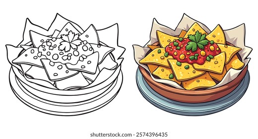 Nachos Chips Line Art Vector Illustration Black and White with Coloring Sample. Bold and Easy Food, Fruits, Sweets, Drinks, Dessert, and Snacks Coloring Pages for Adults and Kids