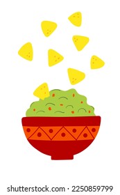 Nachos Con Guacamole De Salsa. Cocina Tradicional Mexicana. Ilustración vectorial plana para el menú