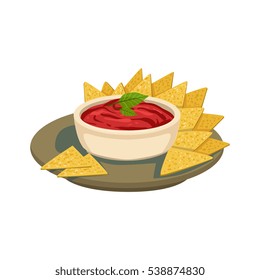 Nachos Chips With Tomato Salsa Traditional Mexican Cuisine Dish Food Item From Cafe Menu Vector Illustration