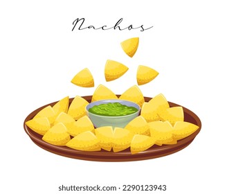 Nachos, corn chips with avocado sauce Guacamole, Latin American cuisine. National cuisine of Mexico. Food illustration, vector	
