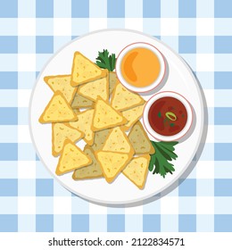 Nachos corn chips with salsa and cheese sauce healthy diet meal on plate. Vector illustration. Simple flat stock image. mexican traditional snack on table healthy food nutrition 