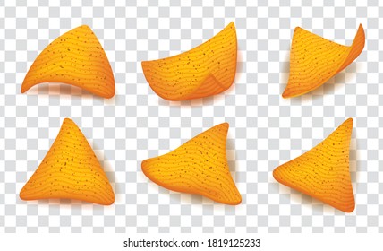 Nachos corn chips set on transparent background. Traditional Mexican fast food, vector illustration collection in realistic style