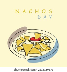 Nachos day celebration line art design. Food vintage style vector suitable for poster and postcards. Yellow and red. Foodie and food lovers concept. Traditional snacks. November. World food days