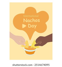 Inscrição do dia de Nachos Projeto do folheto com mãos humanas mergulhando chips mexicanos no molho de queijo