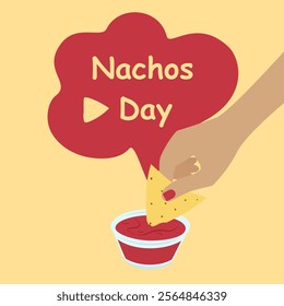 Nachos Day Lettering and tortilla chips in female hand dipping it in saucer with tomatoes sauce