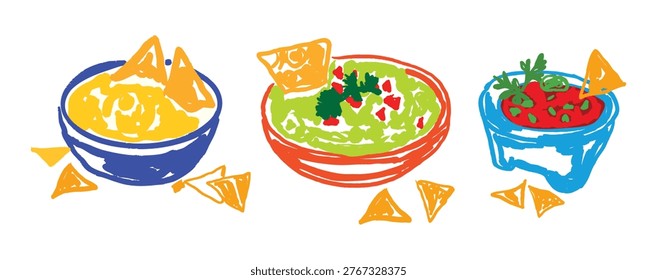 Nachos dip set featuring guacamole, cheese dip, and salsa. Mexican food composition ideal for menus, parties, restaurants, and snack themes with fresh, creamy and vibrant flavors.