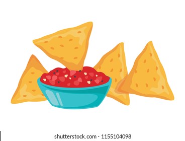 Nachos is dipped in a red sauce. On a white background. Vector illustration.