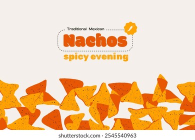 Nachos doodle flyer. Cartaz de desenho animado de lanche picante, chips mexicanos para queijo salsa guacamole, design de banner fast food. Ilustração vetorial.