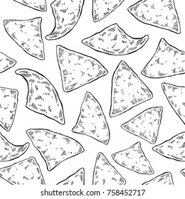 Nachos Drawing. Seamless Pattern. Traditional Mexican Food Vector Background. Hand Drawn Fast Food Snack. Engraved Style Cuisine. Sketch For Restaurant Menu, Label, Banner