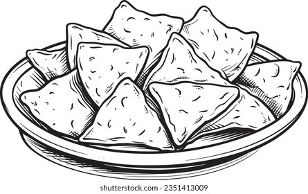 Nachos engraving style, Basic simple Minimalist vector SVG logo graphic, isolated on white background, children's coloring page, outline art, thick crisp lines, black and white