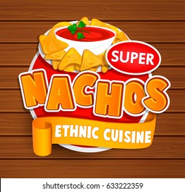 Nachos ethnic cuisine logo and food label or sticker. Concept of mexican food, traditional product design for shops, markets.Vector illustration.