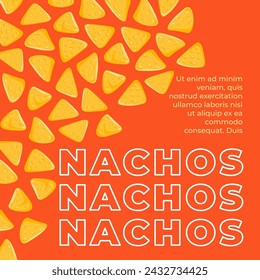 Nachos flavorful tasty and crunchy snack or meal from Mexico. Tortilla chips topped with melted cheese. Delicious food for gluten free diet. Promotional banner or advertising. Vector in flat style