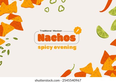 Nachos enmarcando. Comida tradicional mexicana de dibujos animados, chips de maíz crujientes con queso jalapeño, refrigerio rápido poco saludable y frío. Conjunto de Anuncio de Vector.