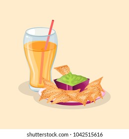 Nachos and fresh orange juice- cute cartoon colored picture. Graphic design elements for menu, poster, brochure, advertising. Vector illustration of fast food for bistro, snackbar, cafe or restaurant