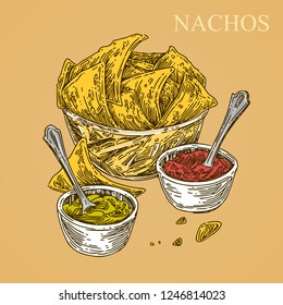 Nachos in a glass dish with sauces. Engraving style. Vector illustration.