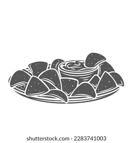 Nachos glyph icon vector illustration. Stamp of tortilla chips and bowl with salsa or guacamole dip on plate, fast food snack and appetizer from Mexican restaurant menu, traditional triangle nachos