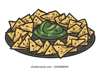 Nachos with guacamole for design. Nacho latin fast food. Traditional mexican food with chips and salsa souce for poster or banner.