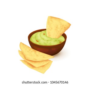 Nachos with guacamole dip isolated on white